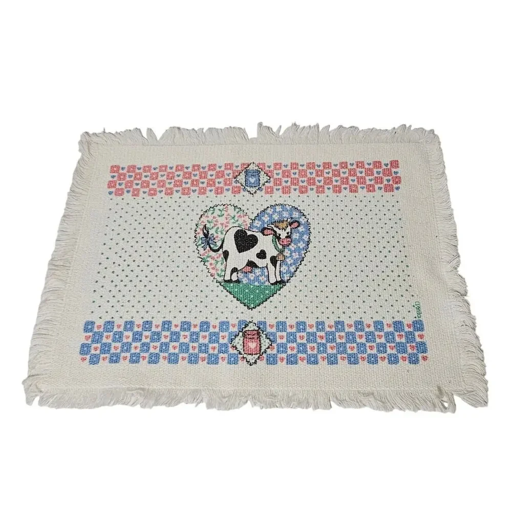 Vintage 80s B&D Country Cow Heart Fringed 4 Placemats Cottage Core